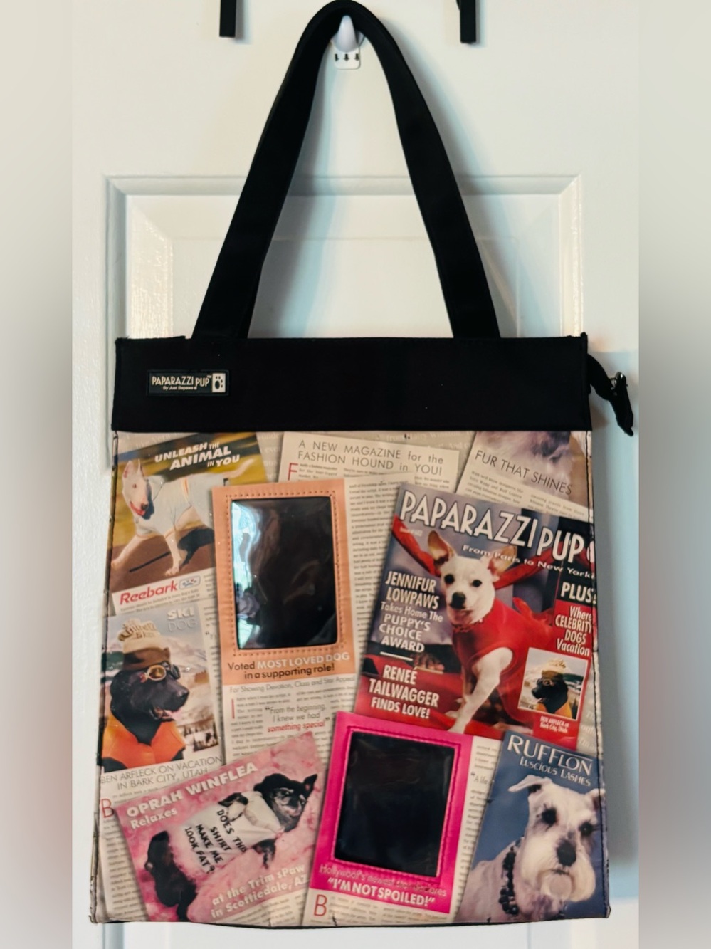 VTG Just Bepaws Paparazzi Pup Dog Magazine Newsprint Tote Bag Photo Slots Y2K